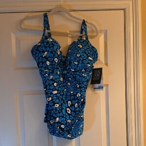Coco Reef Bright Blue and Black Leopard-Print One-Piece Swim Top